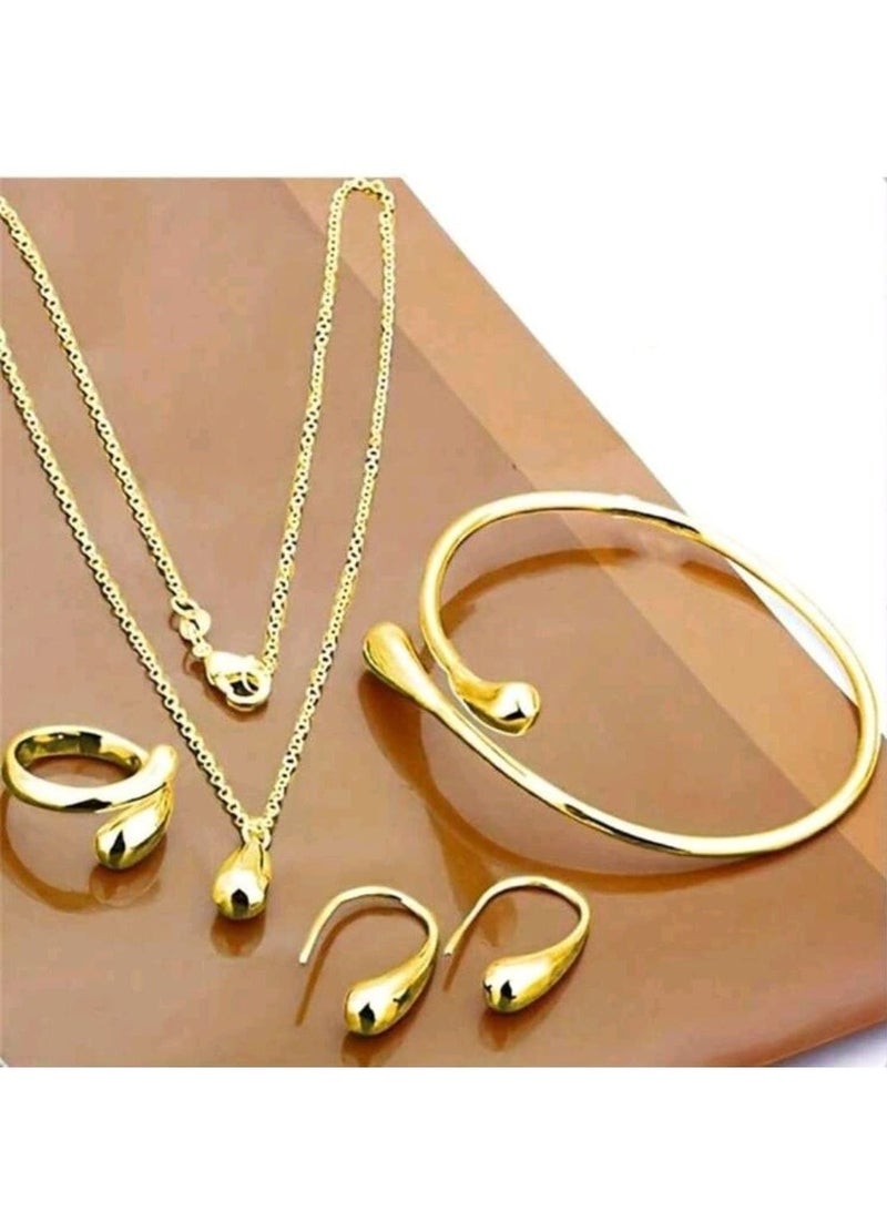 SHEIN-5pcs Elegant Water Drop Jewelry Set - Alloy Necklace, Bracelet, Earrings, Ring-Chinese Gold - Image 1